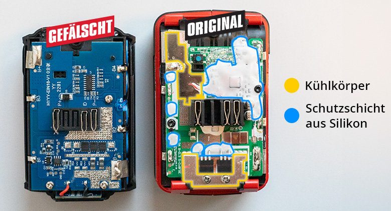 comparison of the inside of a fake and a original battery