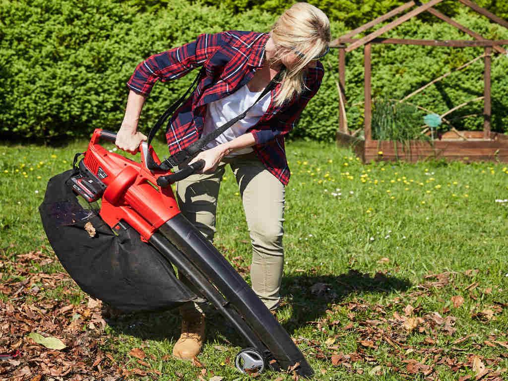 a woman vacuums up the leaves