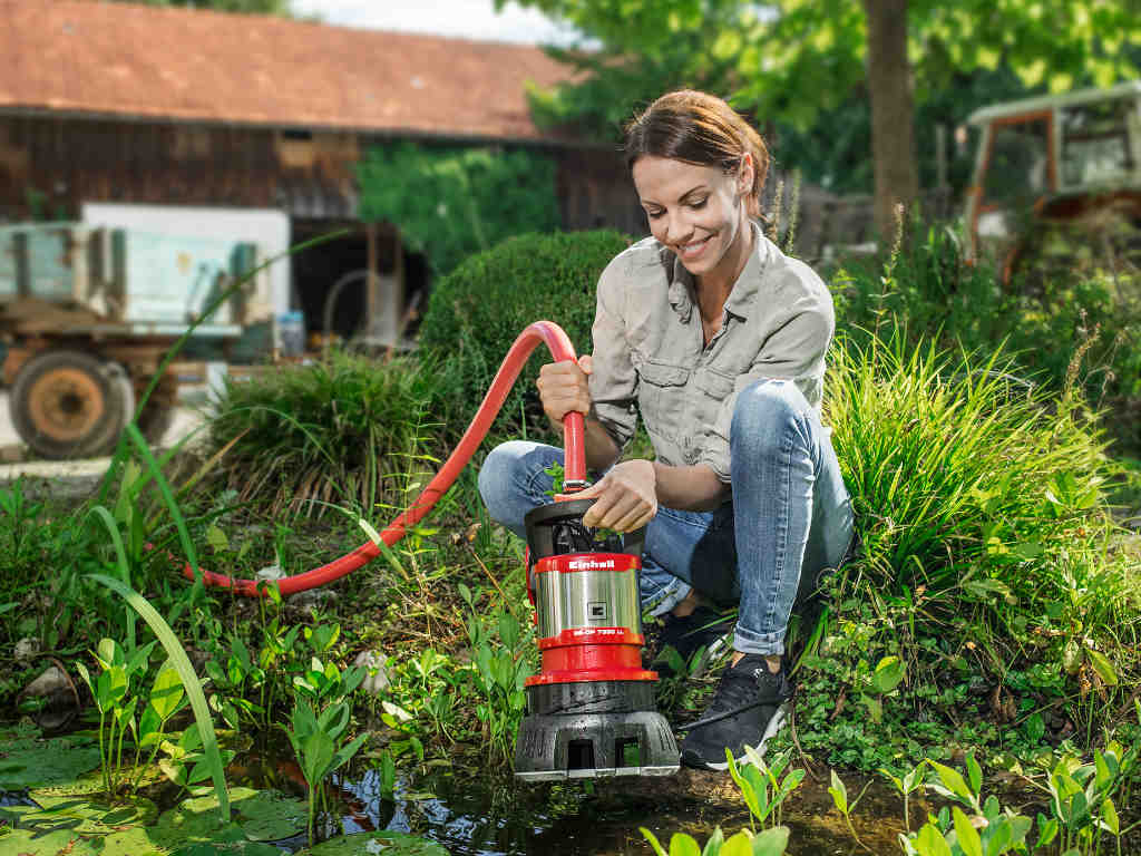 A woman puts the pond pump into the pond