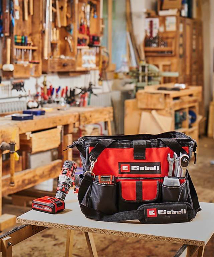 Einhell tool bag and tools on the table